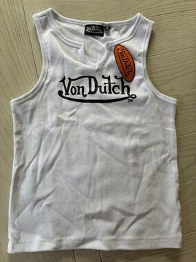 Von Dutch woman’s White Tank with Black Logo and Orange Tag